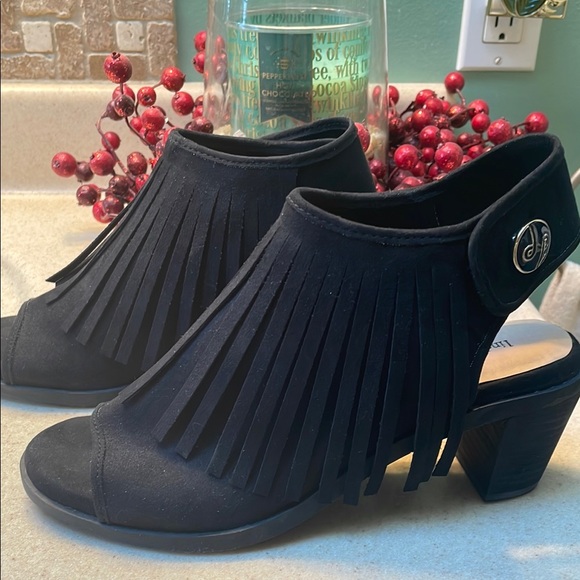 lindsay phillips Shoes - Black Mules with Fringe and Open Toe
